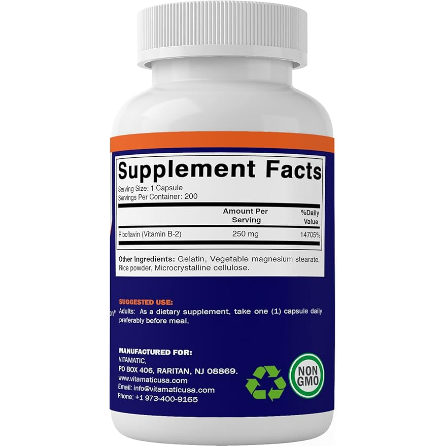 Vitamatic | Vitamin B2 (Riboflavin) 250 mg | 200 Capsules
