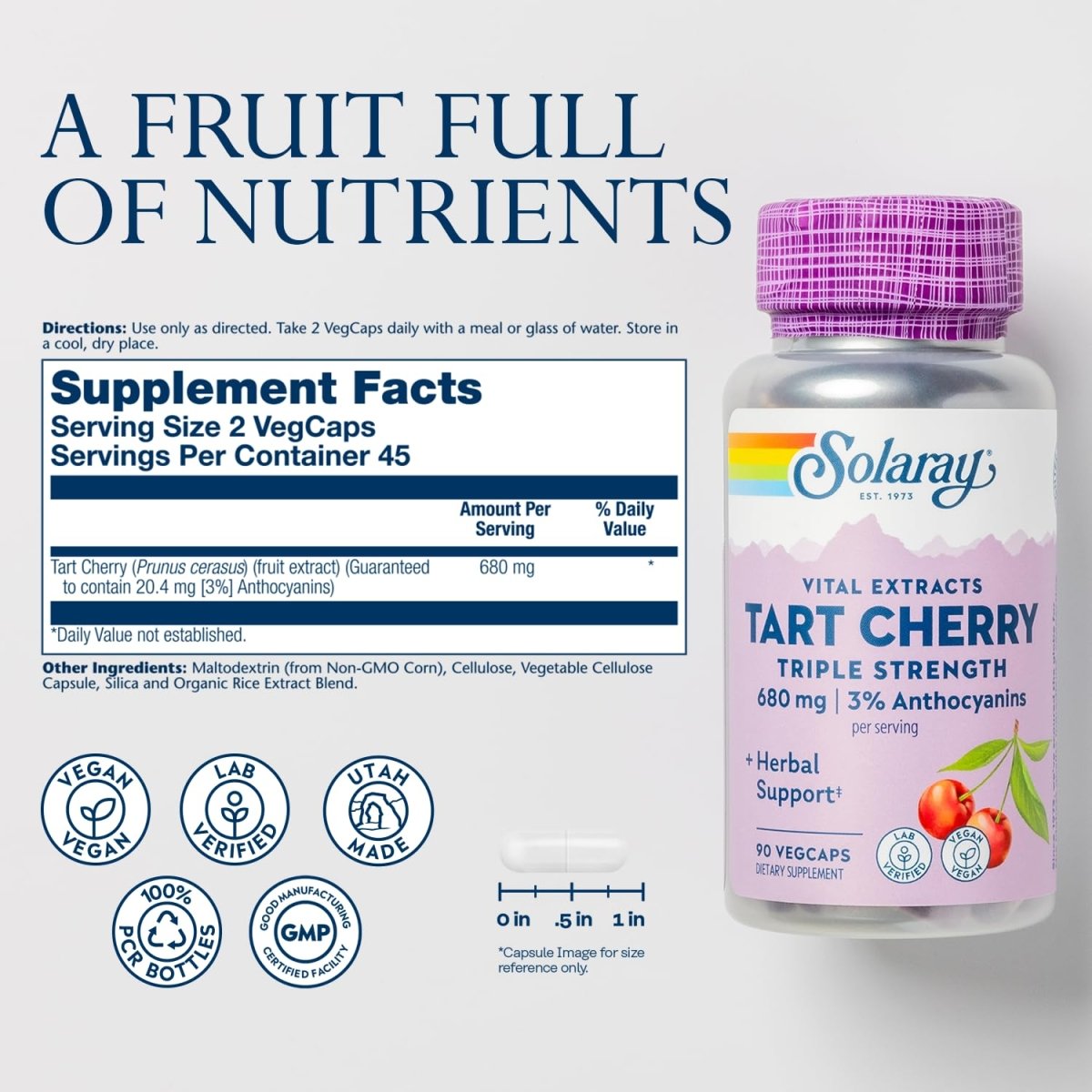 SOLARAY Triple Strength Tart Cherry Extract - Tart Cherry Capsules with Antioxidants and Anthocyanins for Uric Acid Levels Support - Vegan, 60-Day Guarantee - 45 Servings, 90 VegCaps
