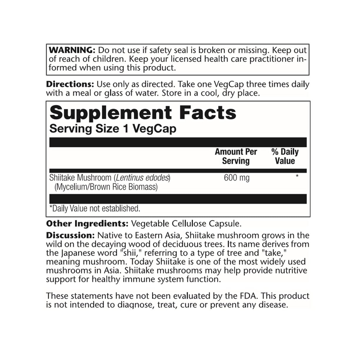 SOLARAY Shiitake Mushroom 600 mg 100 Count