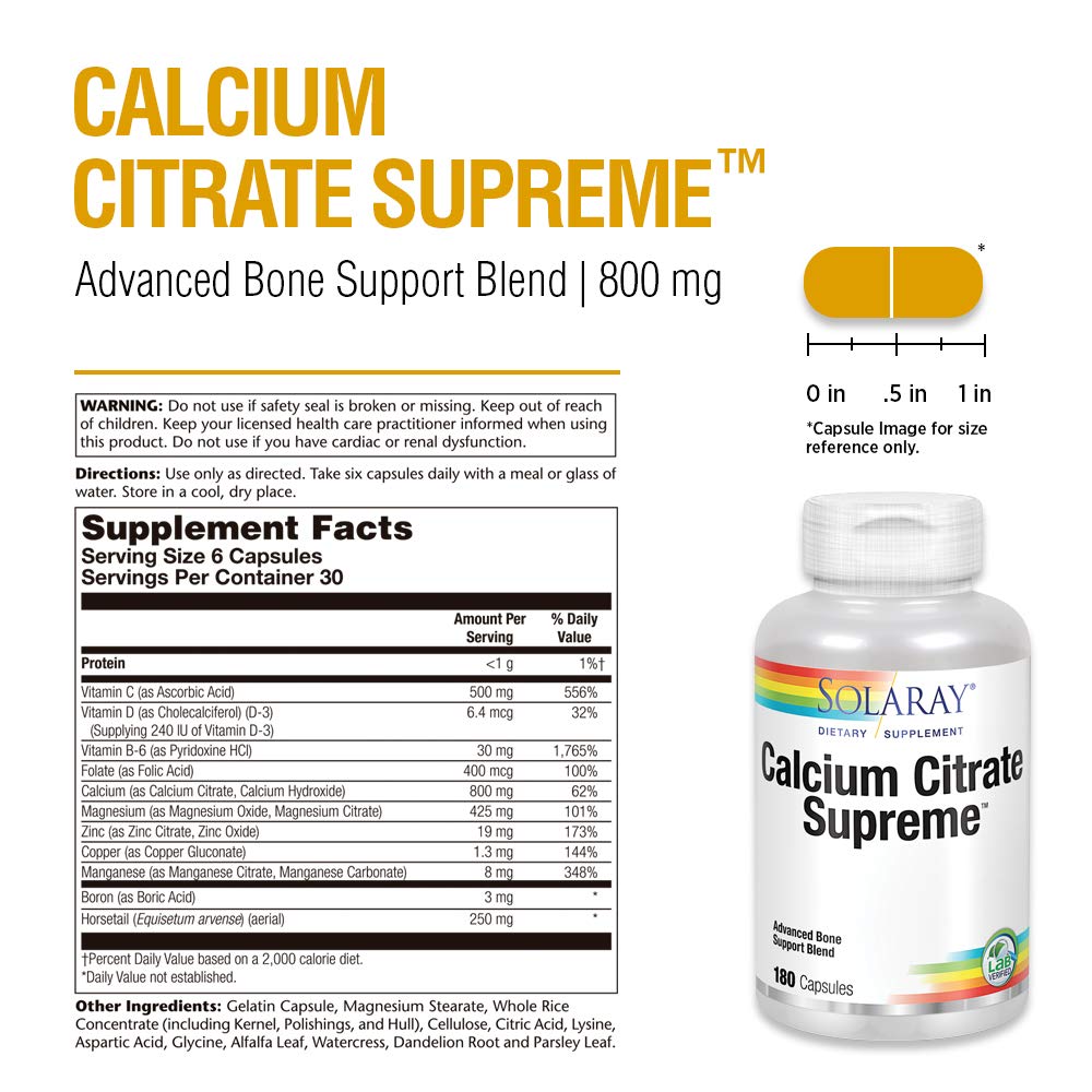 Solaray Calcium Citrate Supreme 800mg Advanced Bone Support Blend 30 Servings 180 VegCaps