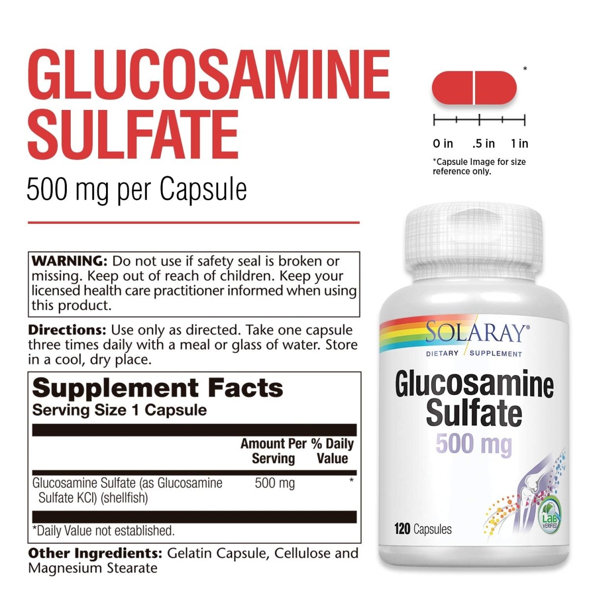 SOLARAY Glucosamine Sulfate 500 mg Healthy Joint Flexibility & Resiliency Support (60 Serv, 120 CT)