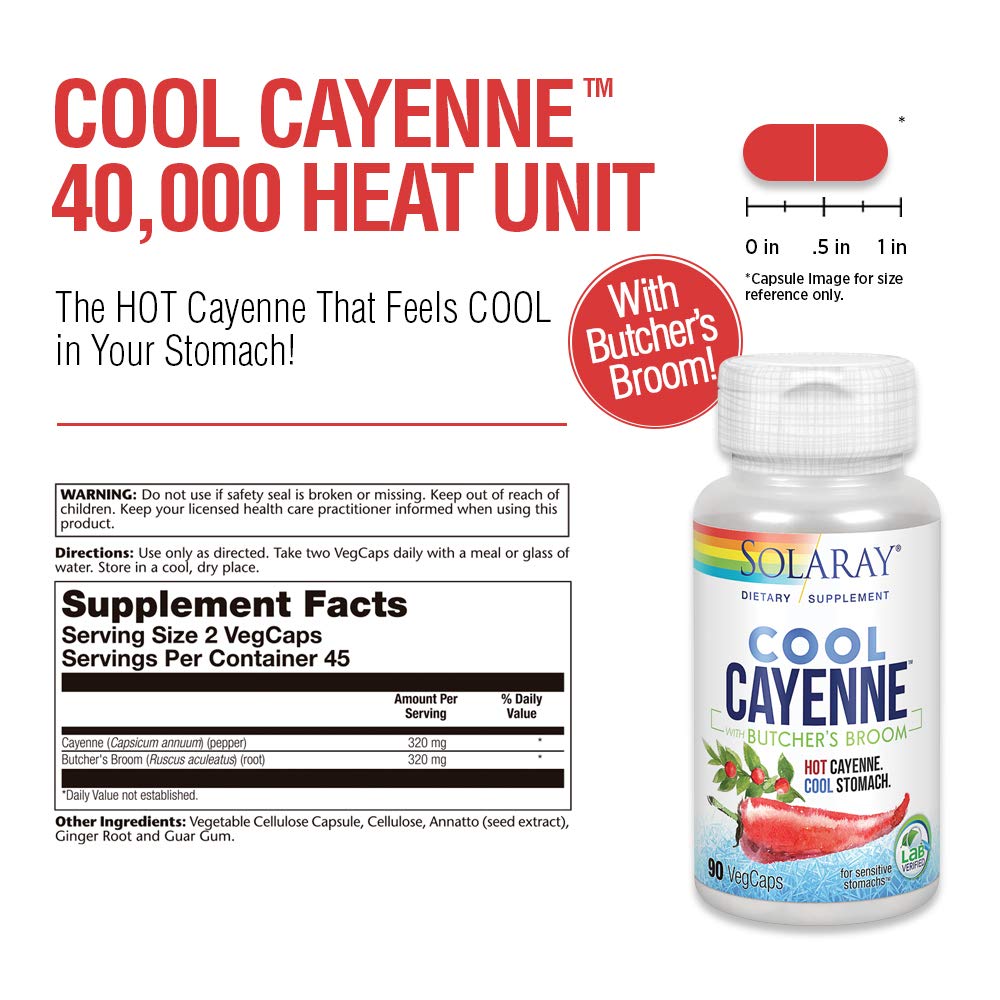 SOLARAY Cool Cayenne Pepper 40,000 HU with Butchers Broom for Healthy Circulation Support 90 VegCaps