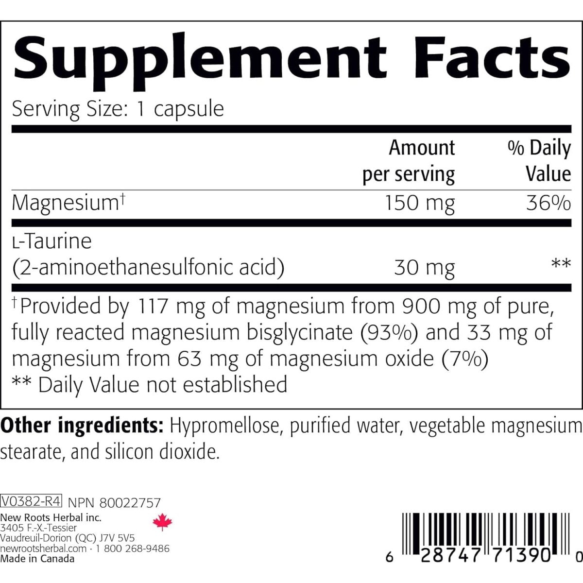 New Roots Herbal Magnesium Bisglycinate 150 mg Elemental Magnesium 120 Capsules