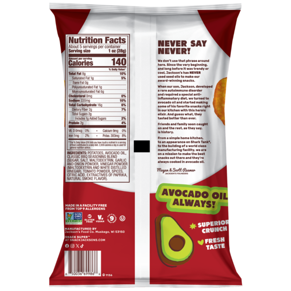 Jackson's Chips Barbecue Avocado Oil Cooked Kettle Chips