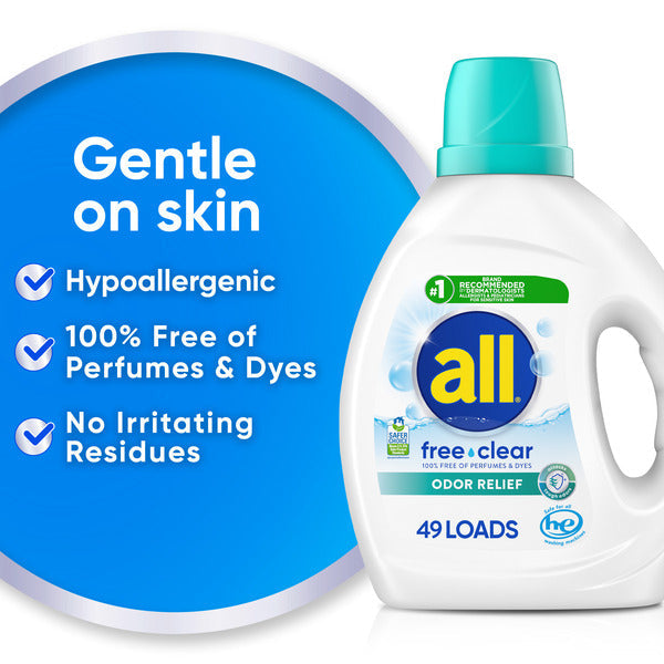 All Liquid Laundry Detergent, Free Clear, Odor Relief, 73 Fluid Ounces, 49 Loads