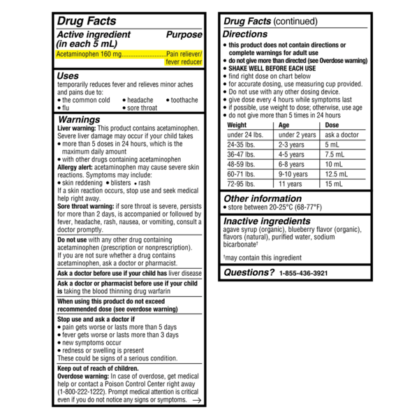 Genexa Kids Pain & Fever Acetaminophen, Organic Blueberry Flavor