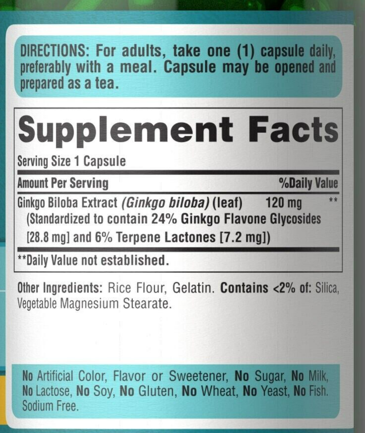 Ginkgo Biloba 120mg Standardized Extract 200Caps Puritan Brain Health