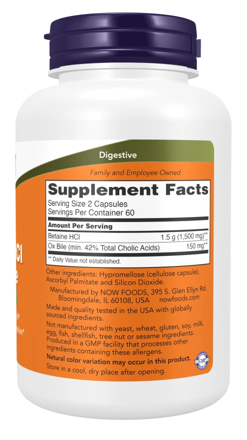 NOW Foods Betaine HCl & Ox Bile 120 Capsules | 1500mg Betaine + 42% Cholic Acid Ox Bile