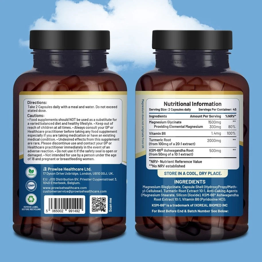 Magnesium Glycinate 1500mg + KSM-66® Ashwagandha + Turmeric 2000mg + Vitamin B6 – 90 Caps | 4-in-1 Relaxation, Stress & Vitality Formula | Made in UK