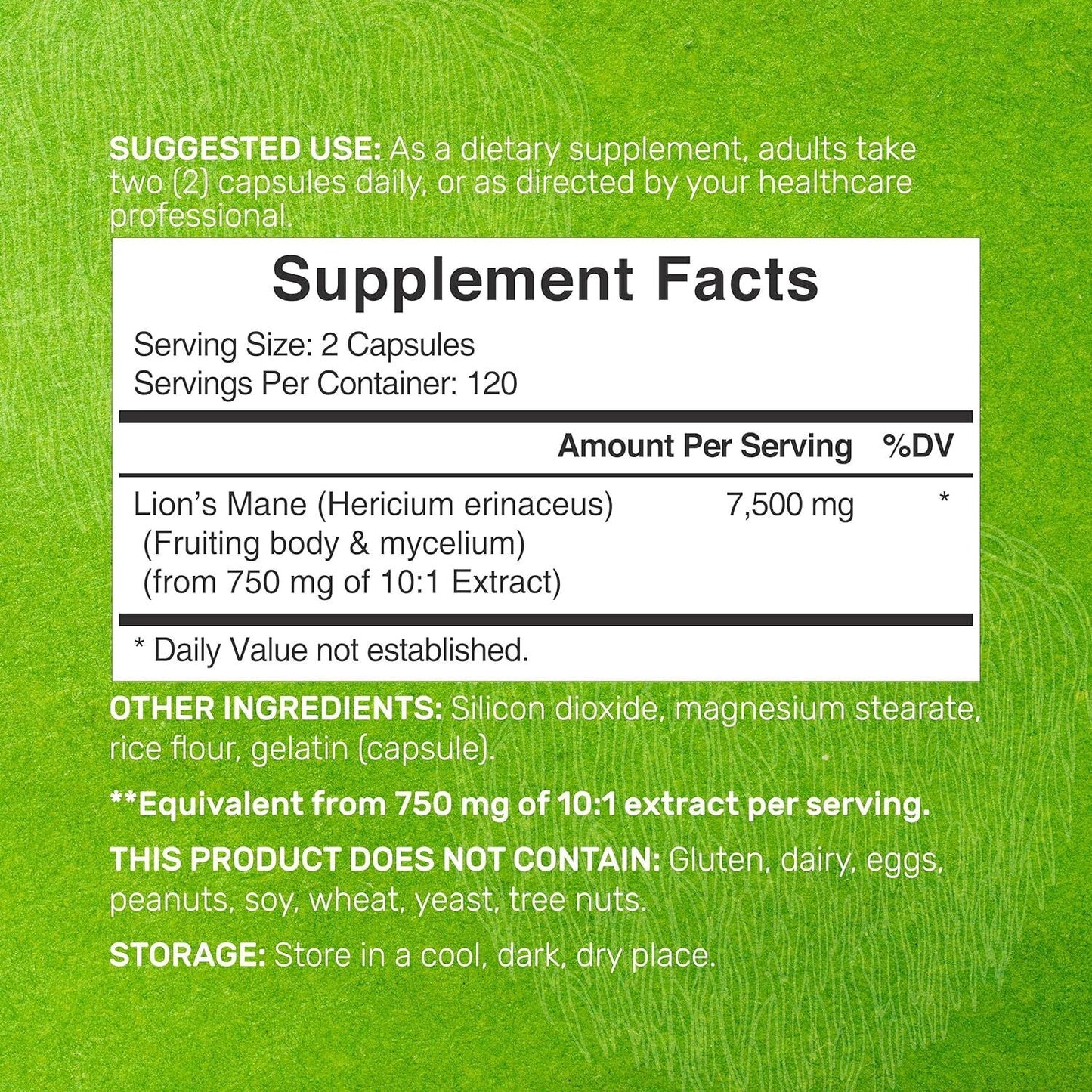 Lion's Mane Mushroom 7500mg 240 Caps (Hericium erinaceus) non GMO/Gluten Free