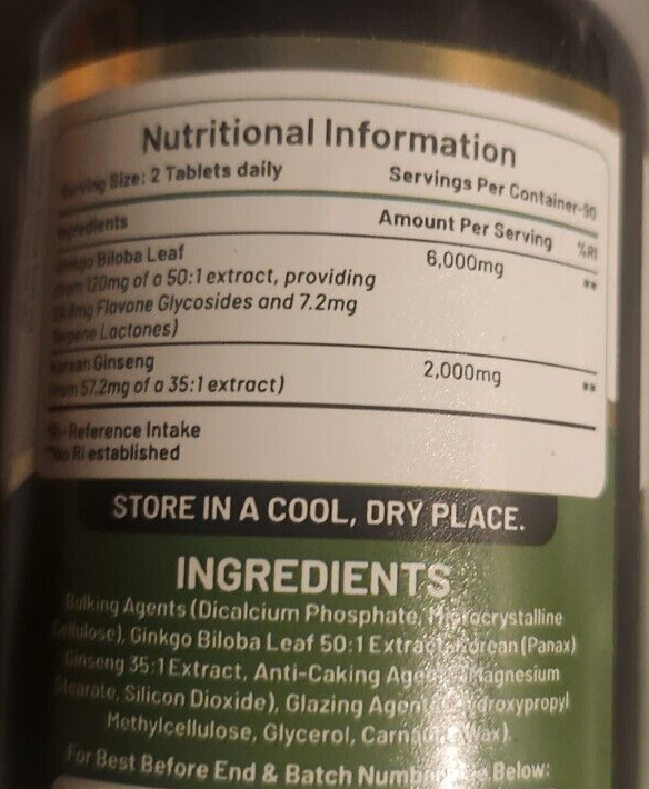 Ginkgo Biloba and Korean Ginseng Tablets 8000mg 180 Vegan Tablets | Ginkgo 6000mg & Korean Ginseng Root 2000mg | UK Manufactured by Prowise Healthcare