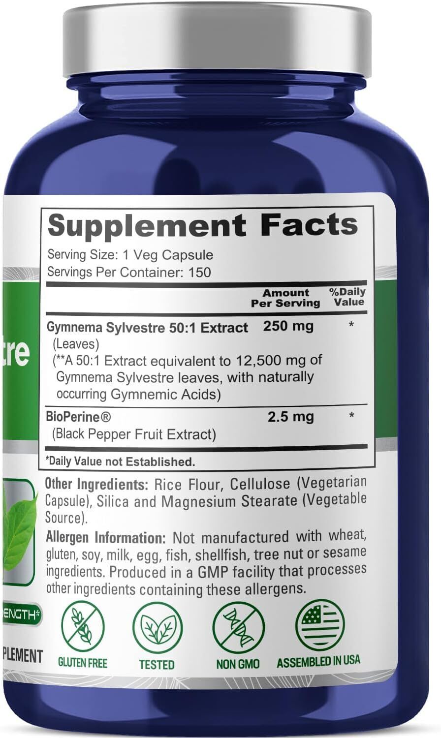 Gymnema Sylvestre 12500mg 150 Vegan Caps Bioperine/Gymnemic Acids NonGMO/No Glutein