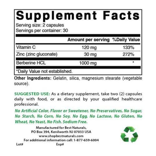 Berberine 1000mg plus Zinc and Vitamin C 60 Caps Gluten Free