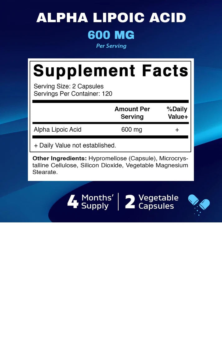 Alpha Lipoic Acid (ALA) 600mg Per Serv 240 Vegetable Caps Vitamatic Antioxidant