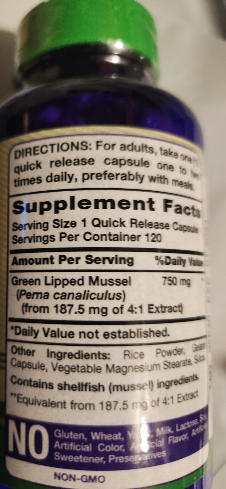 New Zealand Green Lipped Mussel 750mg 2X60 or 1x120 Caps (Perna canaliculus)