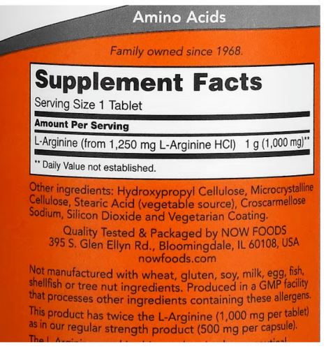 Double Strength L-Arginine 1000mg 120 Tabs Amino Acid Now Foods Kosher/Vegan