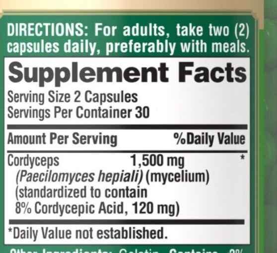 Cordyceps Sinensis Mushroom 1500mg per 2: 3X60 Caps - Cordycepic Acid