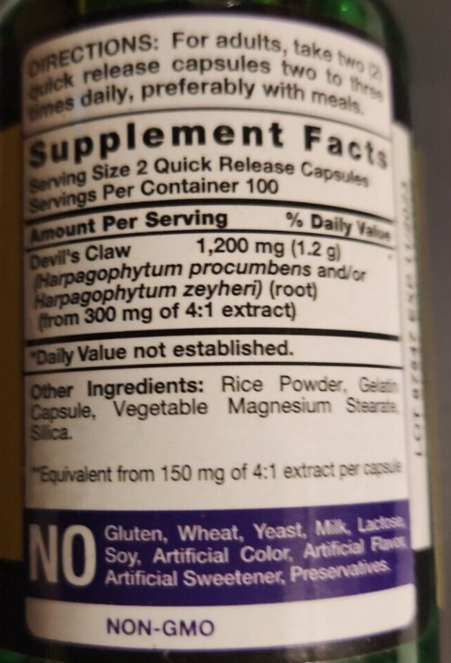 Devil's Claw 600mg 200 Caps 1200mg per 2 Caps Harpagophytum procumbens