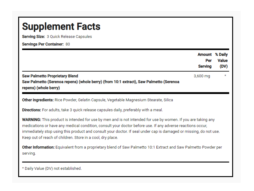 Saw Palmetto 3600mg 2X240 Caps Gluten Free/No Soy/No Preservatives