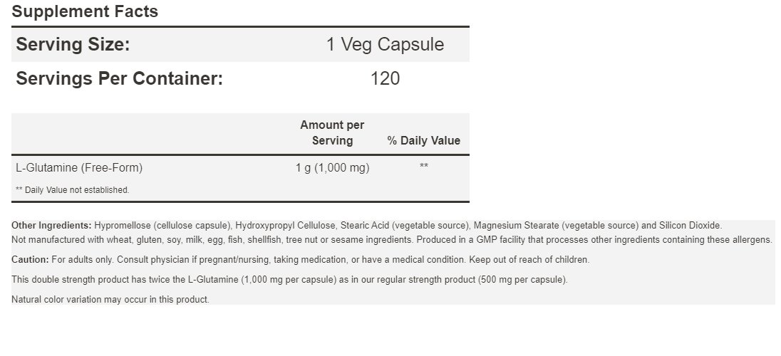 NOW Foods L-Glutamine 1000mg 2X120 or 1X240 Caps Amino Acid Kosher/Vegan/Non-GMO