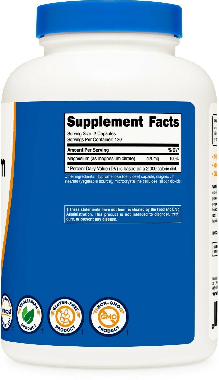 Magnesium Citrate 420mg 240 Caps Vegetarian/Gluten Free/Non-GMO Nutricost