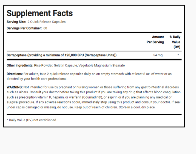 High Potency Serrapeptase 120,000 SPU/ 54 grams 120 Quick Release Caps