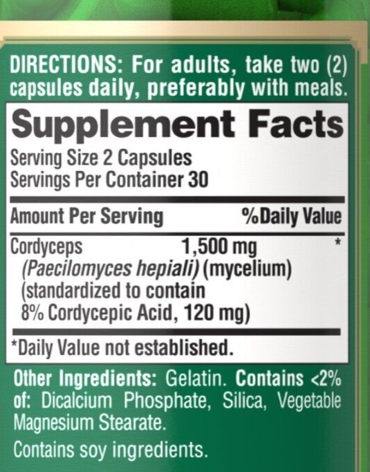 Cordyceps Sinensis Mushroom 1500mg per 2: 60 Caps - Cordycepic Acid by Puritan's