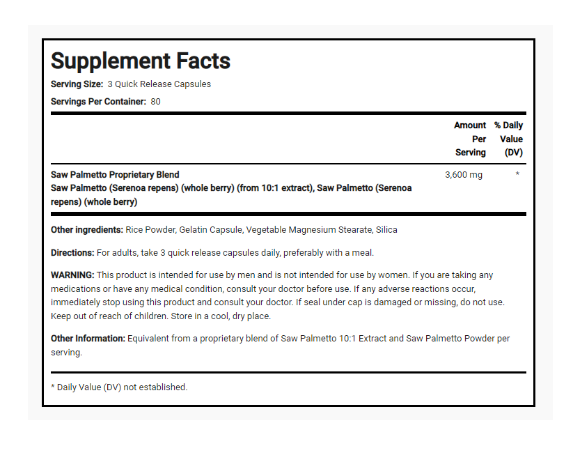 Saw Palmetto 3600mg 240 Caps Gluten Free/No Soy/No Preservatives