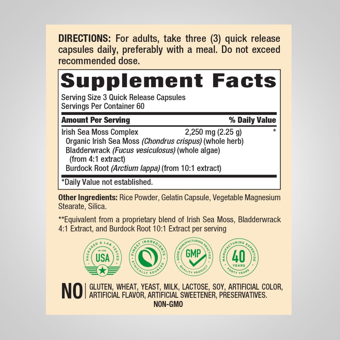 Irish Sea Moss Capsules 2250mg 180 Caps Bladderwrack/Burdock/Algae Non GMO