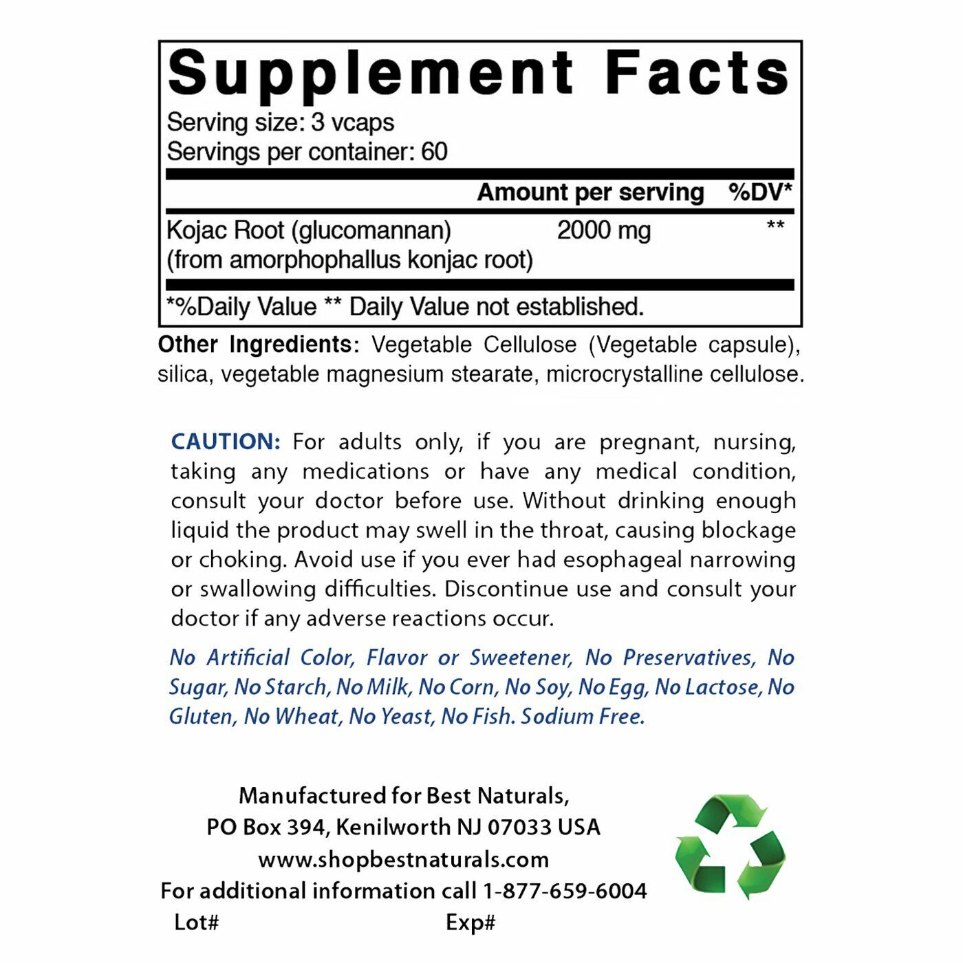 Konjac Root 2000mg Glucomannan 180 Caps Gluten Free