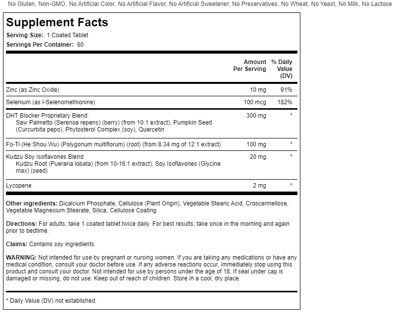 DHT Blocker Men & Women 2X60 or 1X120 Quercetin/Phytosterols/Saw Palmetto/Fo-Ti