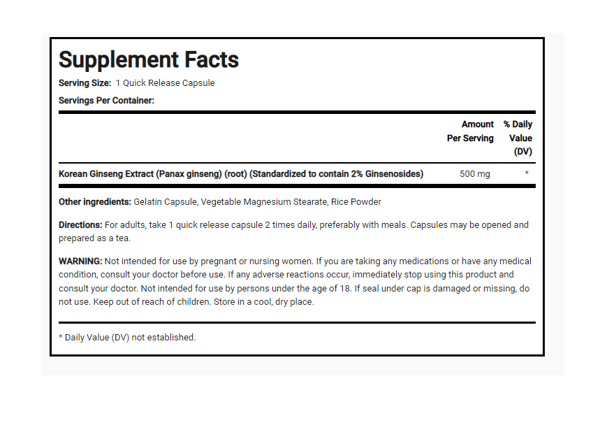 Korean Panax Ginseng High Strength 1500mg Energy Boost 75Caps 2% Ginsenosides