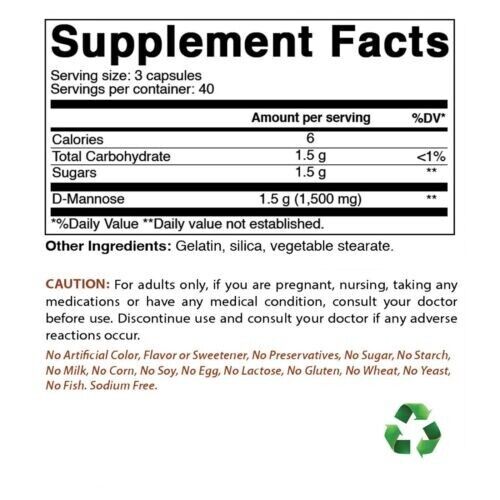 D-Mannose 1500mg 120Caps No Artificial Color/Flavor/Sweetener/Preservatives USA