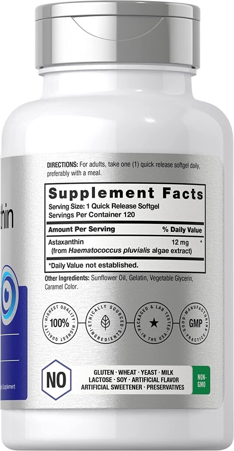 Triple Strength Astaxanthin 12mg 120 gels Non GMO/Gluten Free/No Preservatives