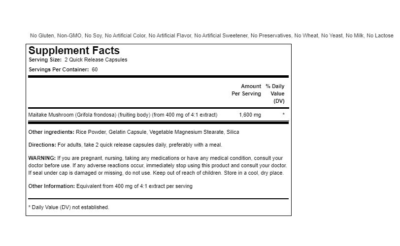 Maitake Mushroom Extract 1600mg 120 Capsules (Grifola frondosa) Piping Rock