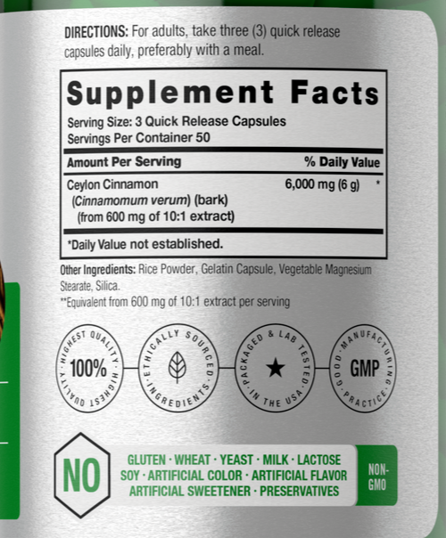 Ceylon Cinnamon 6000mg 150 Caps Non-GMO, Gluten Free No Preservatives