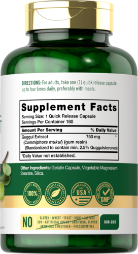 Guggul Extract 750mg Guggulsterone 180Caps Non GMO/No Gluten 2.5% guggulsterones