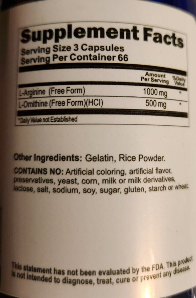 L-Arginine and L-Ornithine 1000mg/500mg 3X200 Caps by Vitamins Because