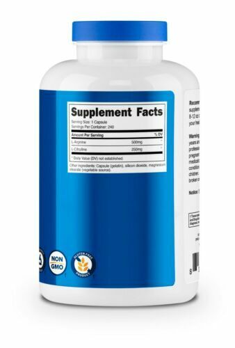 L-Arginine L-Citrulline 750mg, 240 Capsules - Non-GMO 1500mg per 2 Nutricost