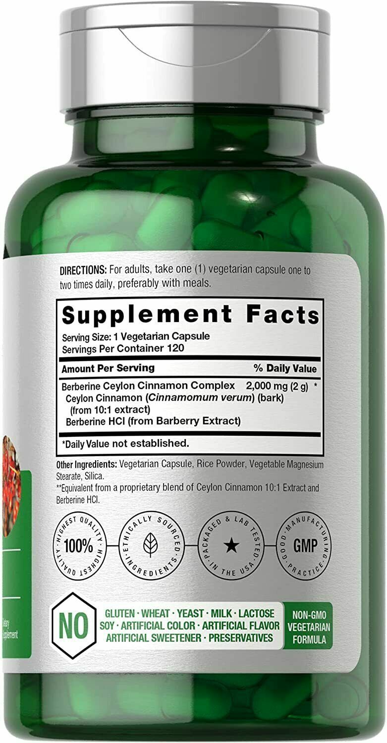 Berberine Plus Ceylon Cinnamon 2000mg 120 Vegeterian Caps Non GMO USA