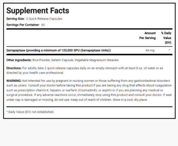High Potency Serrapeptase 120,000 SPU/ 54 grams 5X120 Quick Release Caps