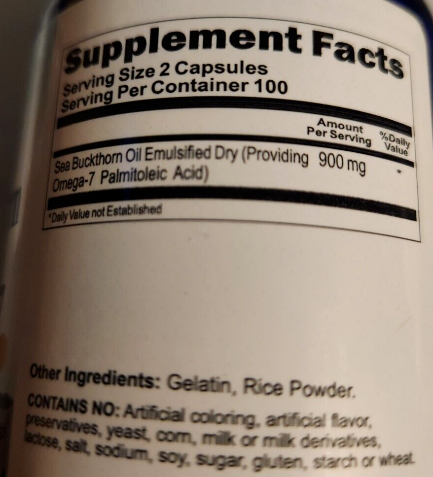 Omega-7 900mg Fatty Acids 2X200 Caps from Natural Sea Buckthorn-Palmitoleic Acid