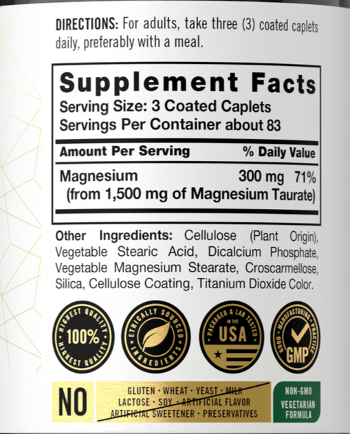 Magnesium Taurate  1500mg 250 Caplets  Vegetarian/Non-GMO