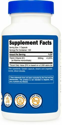 Vitamin B1 (Thiamin) 500mg, 120 Caps -Gluten Free/Non-GMO/GMP Nutricost