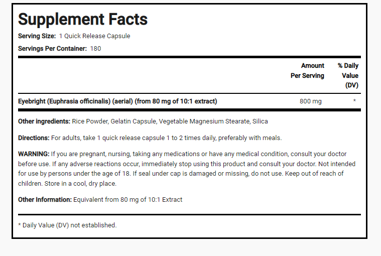 Eyebright 800mg 180Caps Traditional Herb eupheresia afficinalis