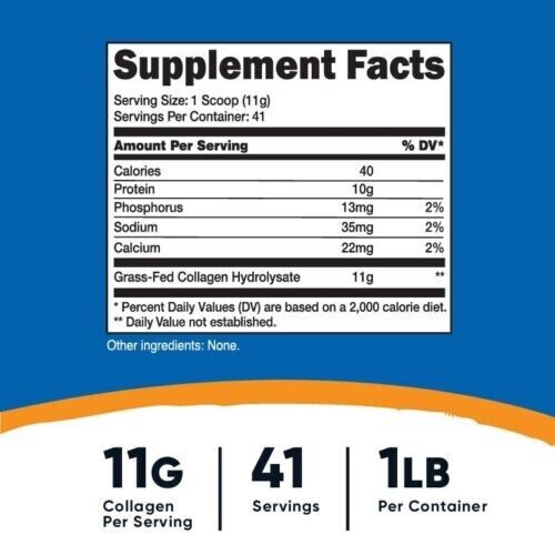 Pure Collagen Hydrolysate Bovine Powder Grass Fed, 1LB (454g) Nutricost NonGMO