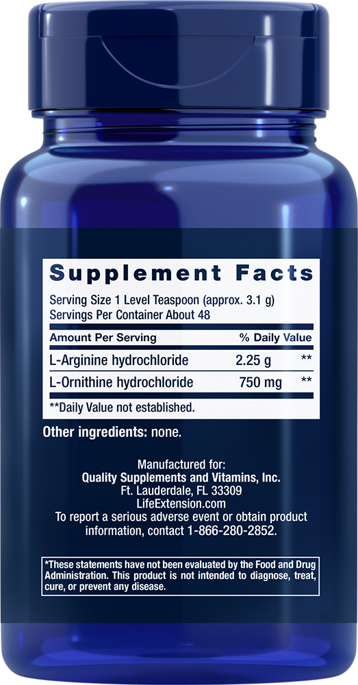 Life Extension L-Arginine 2250mg L-Ornithine 750mg Powder- 5.29 OZ 150 grams
