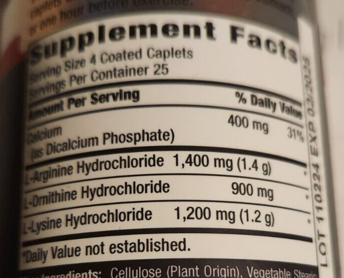 L-Arginine 1400mg L-Ornithine L-Lysine Workout Stamina Supplement 100 Caplets