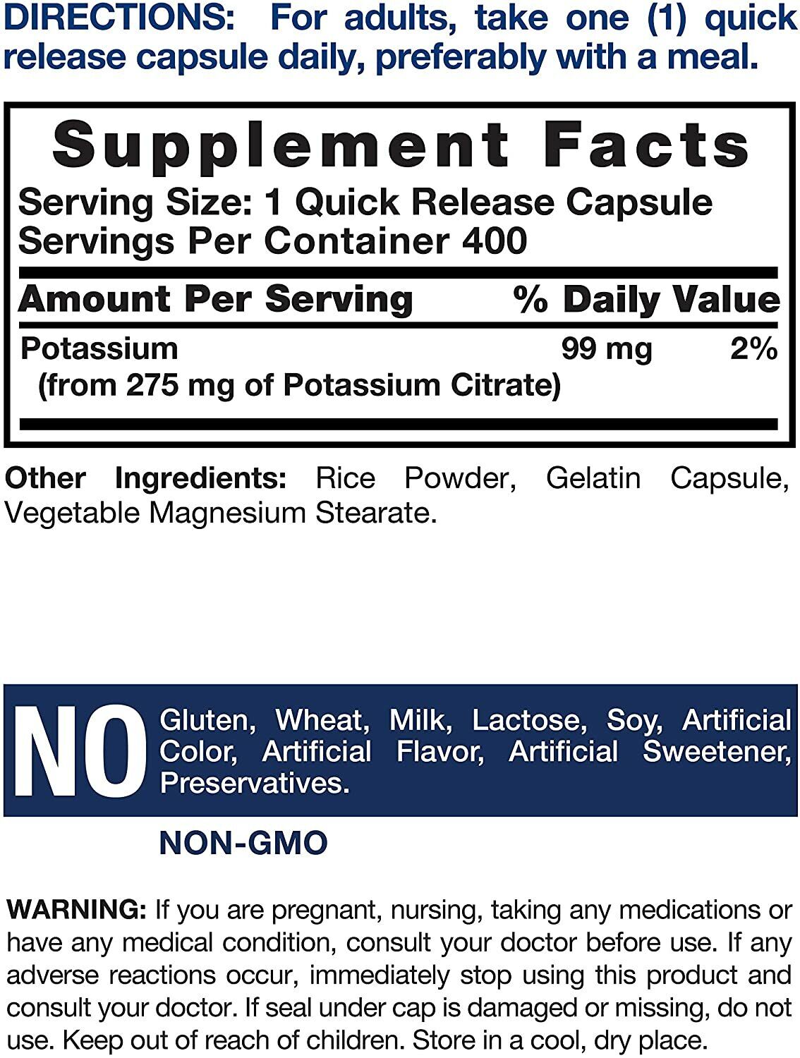 Potassium Citrate 275mg 400 Caps No Gluten NON GMO