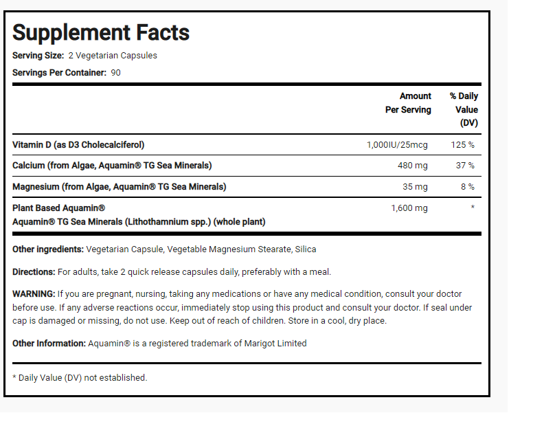 Red Mineral Algae 1800mg Aquamin Plant Based Vegan Calcium Magneisum 2X180 Caps